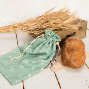 Látkový pytlík na pečivo - kanafas zelený kytičky