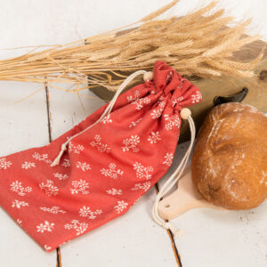 Látkový pytlík na pečivo - kanafas červený kytičky
